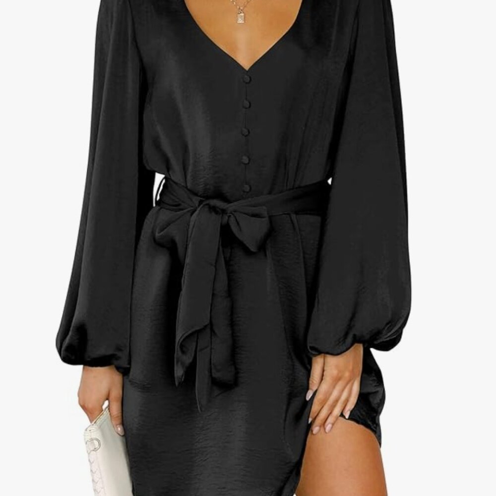 Spring Long Puff Sleeve Satin Dress V Neck Cocktail Party Belted Short